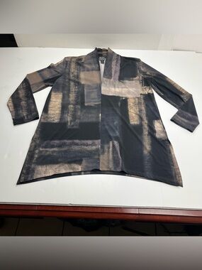 Clara Sunwoo Womens Medium Abstract Brushstroke‎ Black Brown Artsy Top Lagenlook